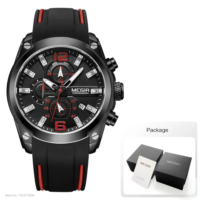 MEGIR - Montre Homme Chronographe Sport - Bracelet Silicone - Date - Lumineux - Étanche 3 ATM