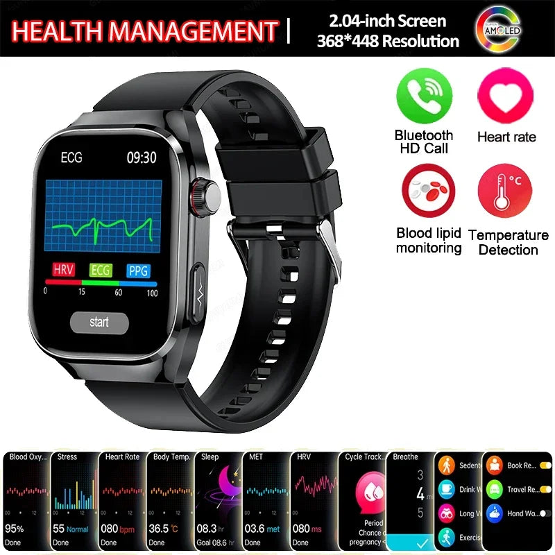 Montre Connectée Santé 2026 ECG - Lipides Sanguins, Acide Urique, Température, IP68, 650mAh, Appels BT