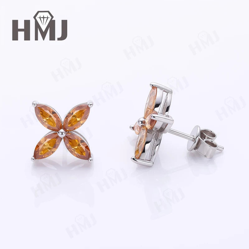Collier Pendentif, Boucles d'Oreilles Puces, Trèfle à Quatre Feuilles, Moissanite Marquise, Argent Sterling 925