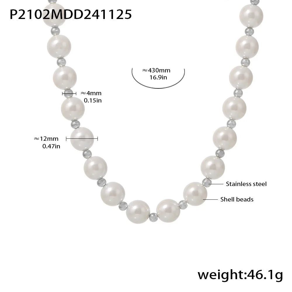Collier Femme Chaîne Clavicule Inaltérable - Perles Coquillage Blanc 12mm Acier Inoxydable