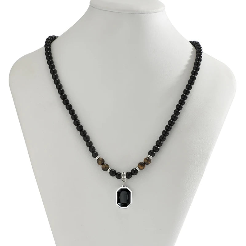 Collier Perles Noires Pendentif Carré - Bijou Homme Tendance