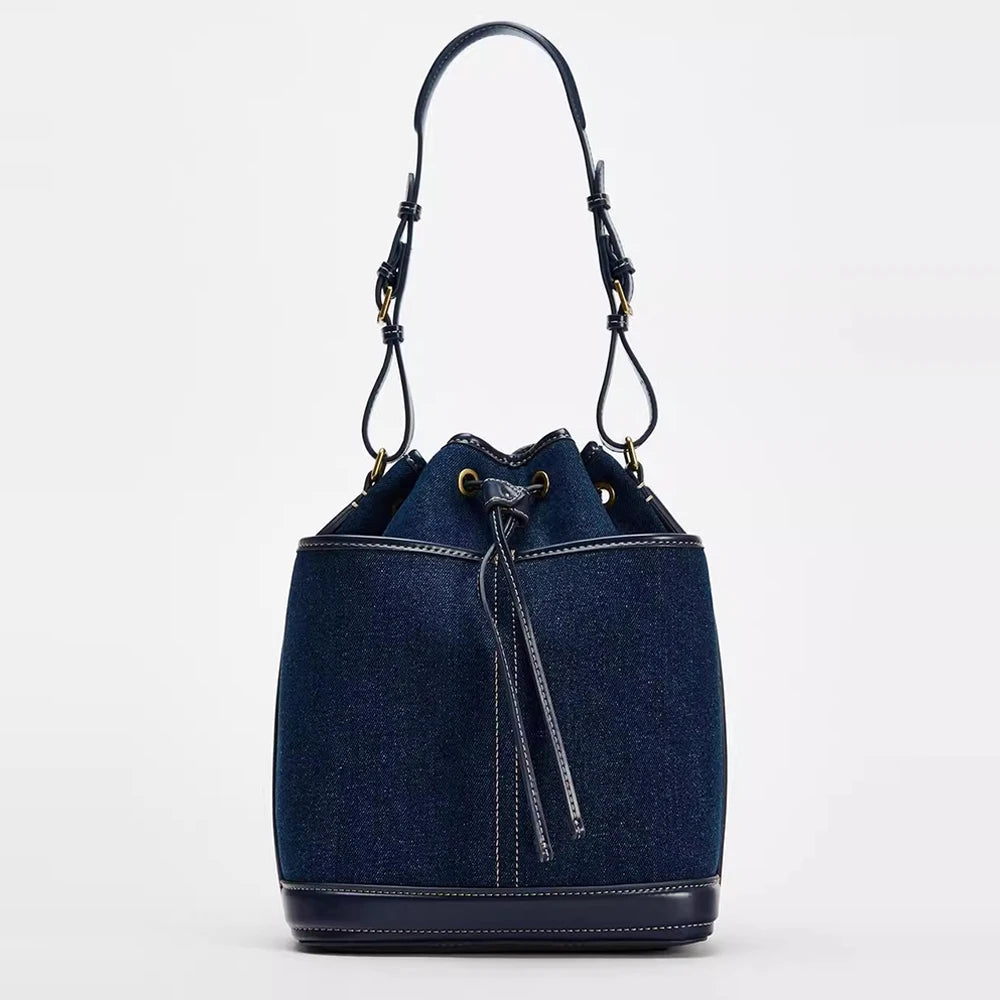 Sac à Main Femme - Seau Femme Denim Toile - Sac Bandoulière Designer Cordon Coulissant 2025