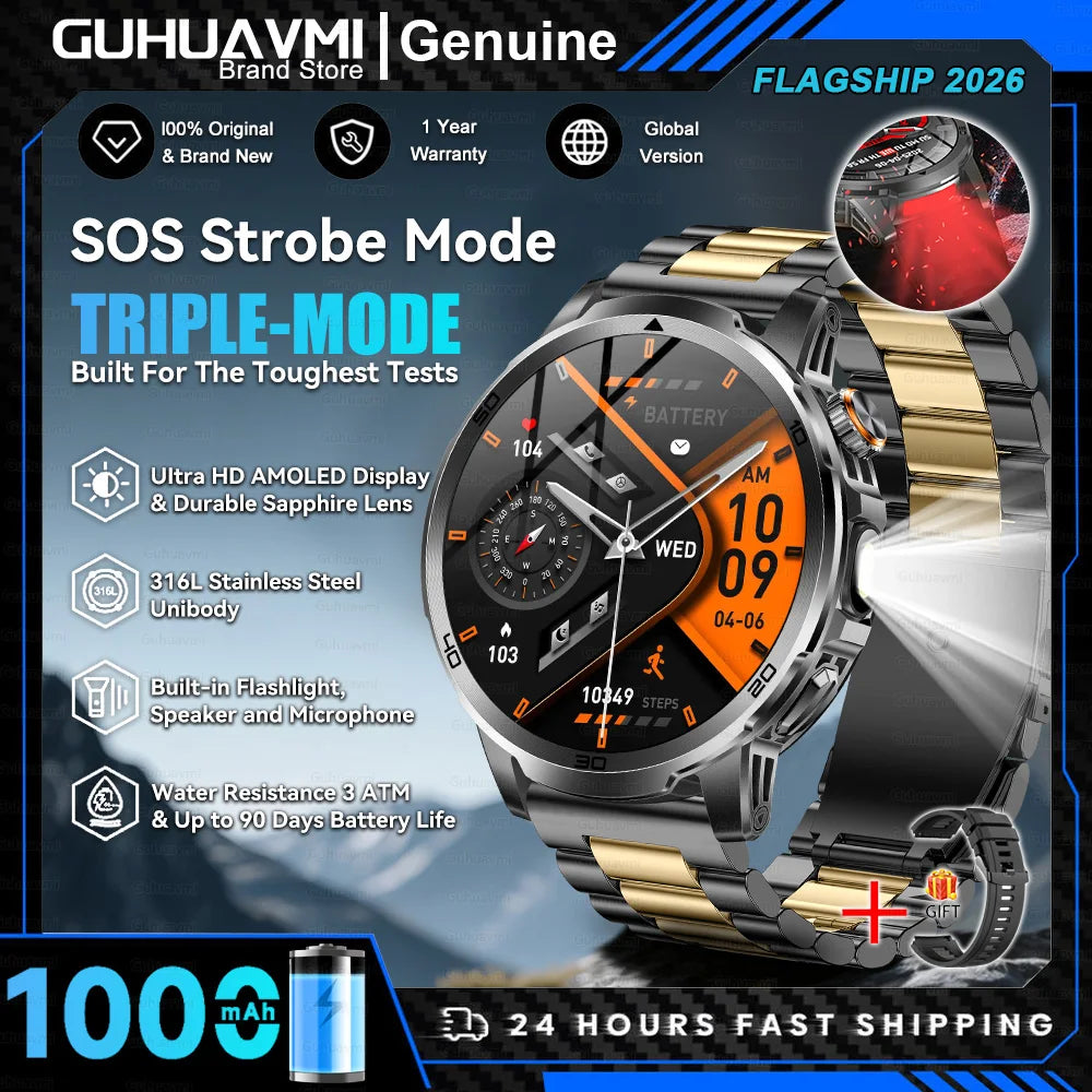 Montre Connectée Militaire T-REX 3 Ultra 2026 - 1000mAh, 5ATM Étanche 50m, AMOLED 1.85", GPS, Lampe Torche