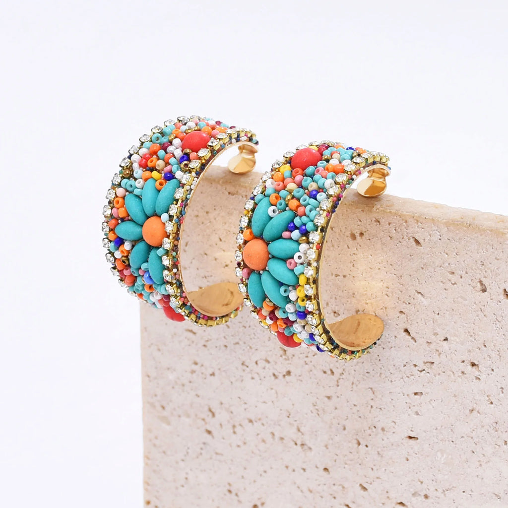 Boucles d'Oreilles Femmes Bohèmes Larges Turquoise - Bijou Femme Ethnique