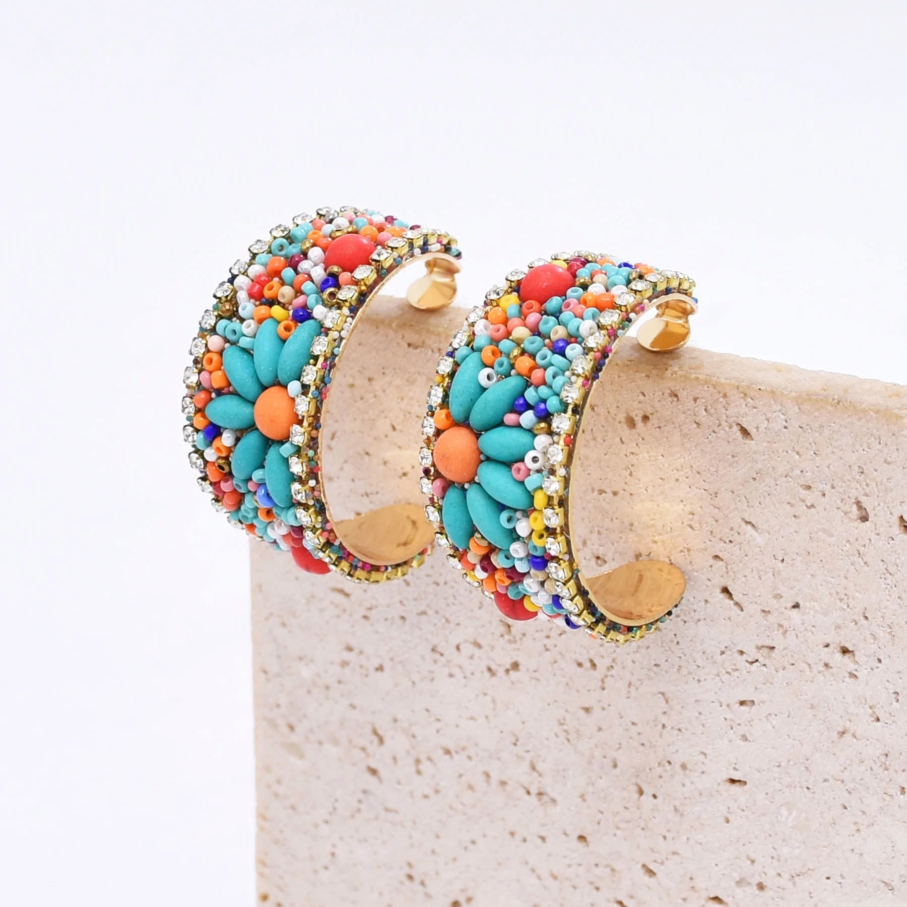 Boucles d'Oreilles Femmes Bohèmes Larges Turquoise - Bijou Femme Ethnique