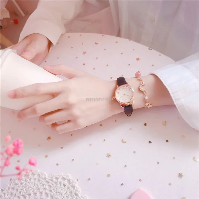 MOONBIFFY - Montre Enfant Fille + Bracelet Perles - Ensemble Cadeau - Bracelet Cuir Rose