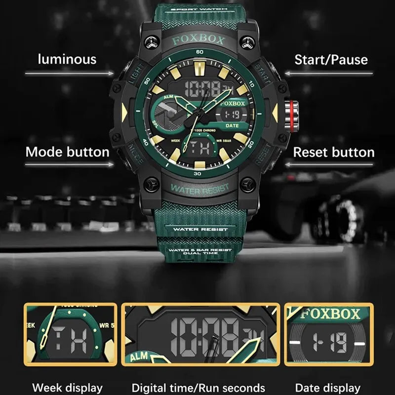 LIGE - Montre Homme FOXBOX Sport Militaire - Double Affichage Digital - Étanche 5 ATM - XXL 55mm