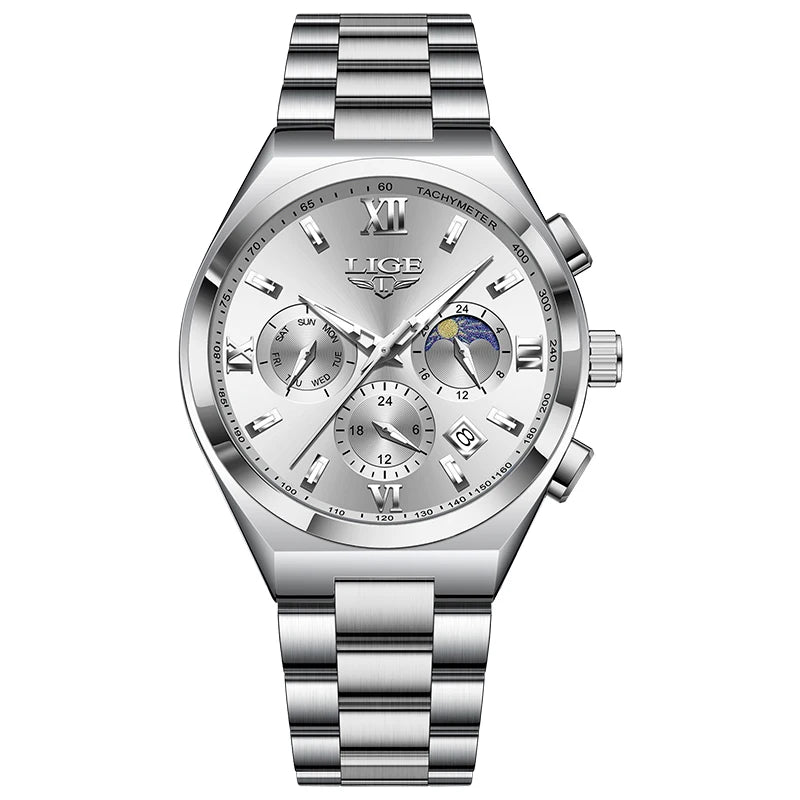 LIGE - Montre Femme Luxe Chronographe Phases de Lune - Bracelet Acier Bleu - Chiffres Romains - Étanche 3 ATM