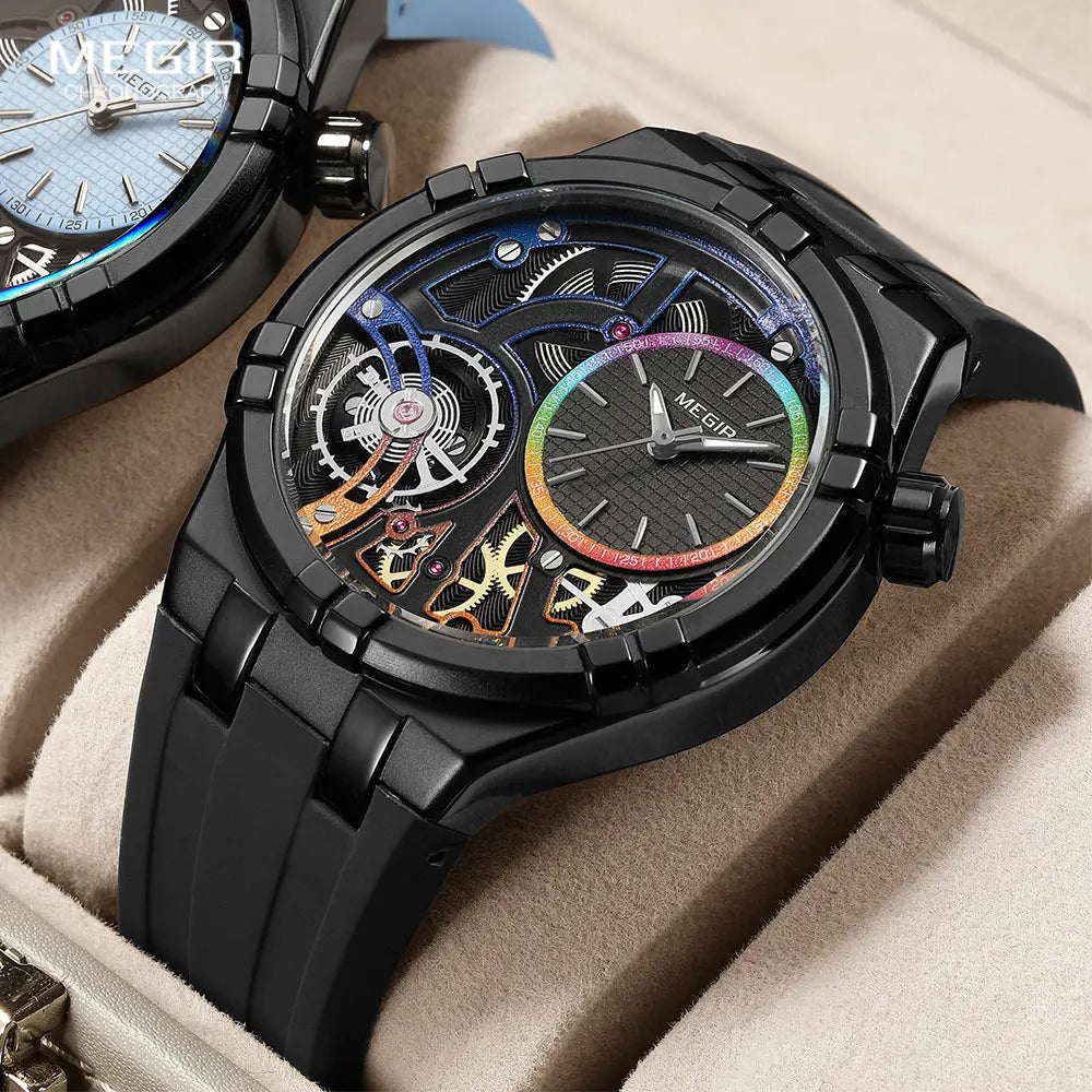 MEGIR - Montre Homme Sport Orange Double Cadran - Bracelet Silicone - Chronographe - Étanche 3 ATM