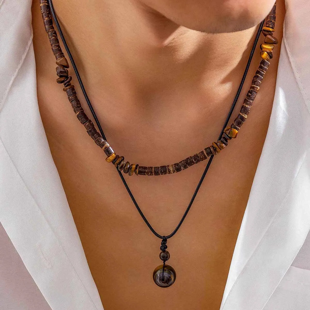 Collier Homme - Ensemble 2 Colliers Bohème Pierre Naturelle Perles Bois - Bijou Homme Vintage