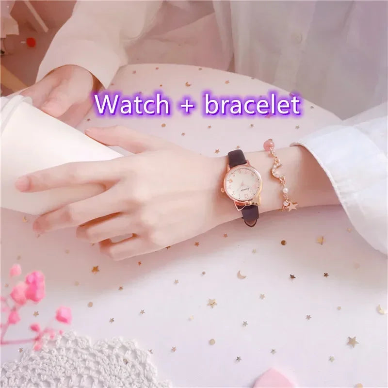 MOONBIFFY - Montre Enfant Fille + Bracelet Perles - Ensemble Cadeau - Bracelet Cuir Rose