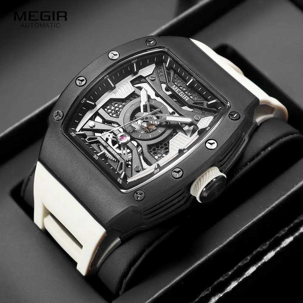 MEGIR - Montre Homme MEGIR 8604 Mécanique Automatique Squelette - Boîtier Tonneau Acier - Bracelet Silicone