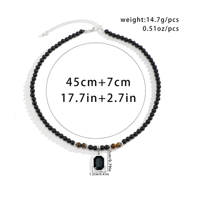 Collier Perles Noires Pendentif Carré - Bijou Homme Tendance