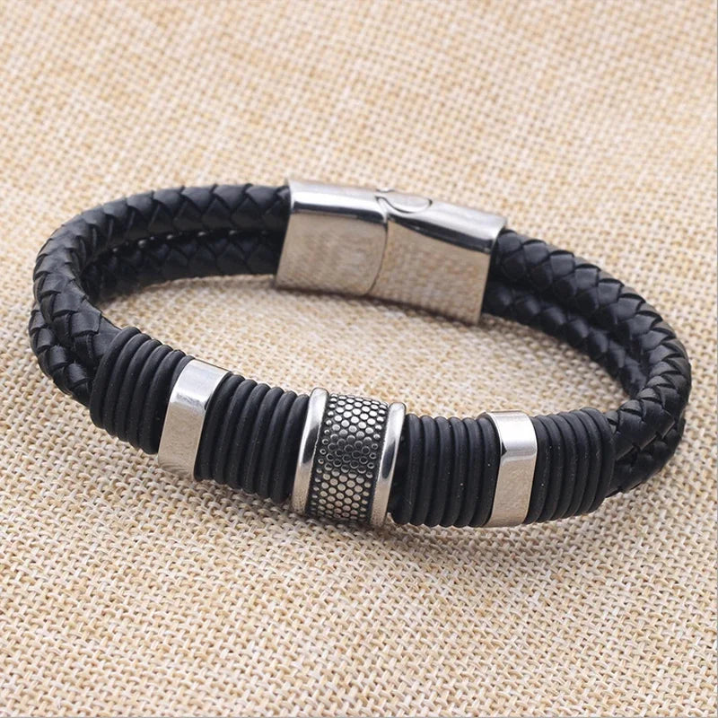 Bracelet Cuir Tressé Perles Homme Femme - Hip-Hop Punk Acier Inoxydable Unisexe Charme