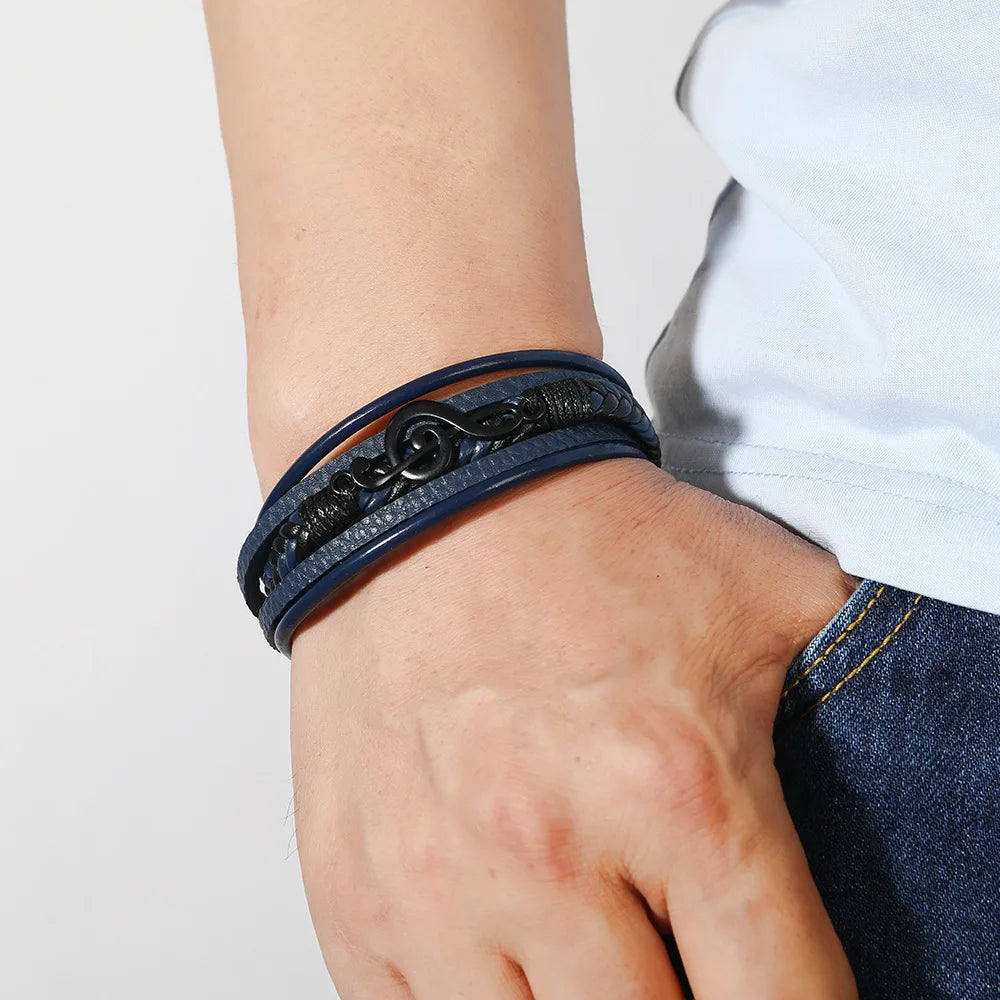 Bracelet Homme Multicouche Cuir Symbole Musique Boucle Magnétique Rétro