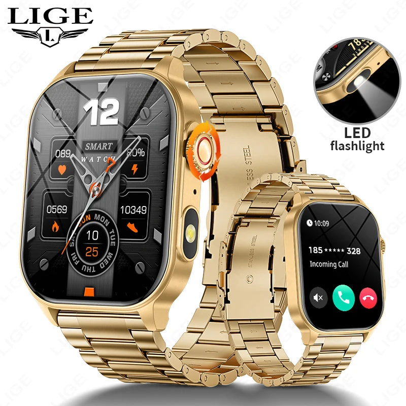 LIGE - Montre Intelligente LIGE 2.01" Militaire Sport - Lampe LED - Appels Bluetooth 5.2 - Étanche - Android iOS