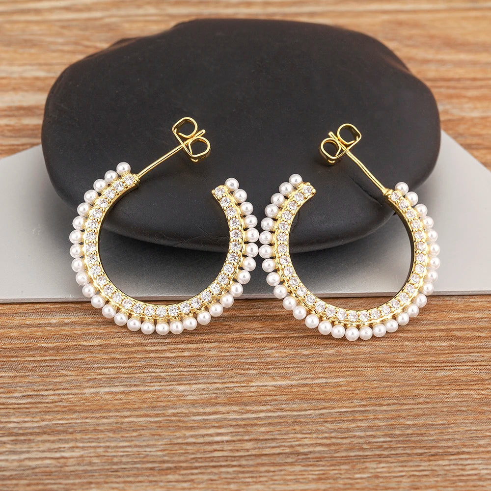 Boucles d'Oreilles Femmes Forme C Perles Zircon Doré - Bijou Femme Rétro