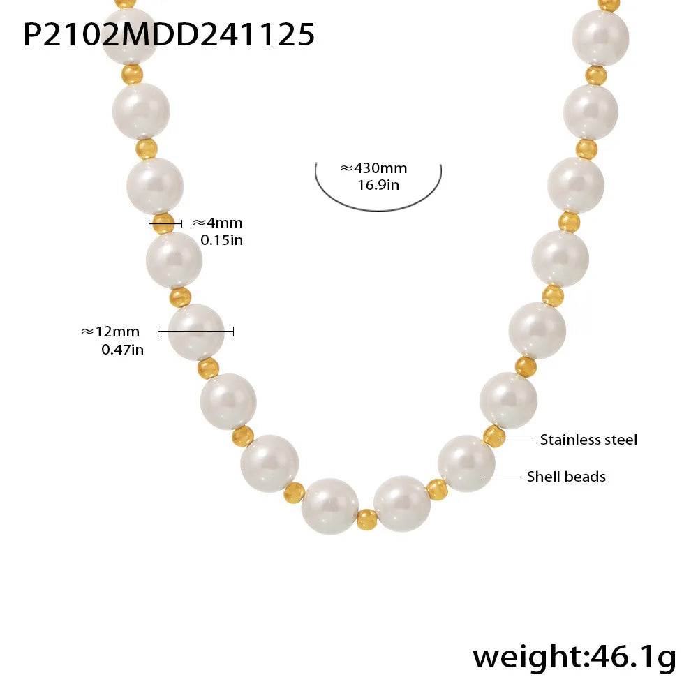 Collier Femme Chaîne Clavicule Inaltérable - Perles Coquillage Blanc 12mm Acier Inoxydable