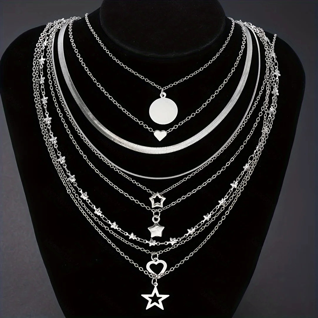 Ensemble Colliers Femme Cœur Argent Étoile - Set Bijoux Classique Cadeau
