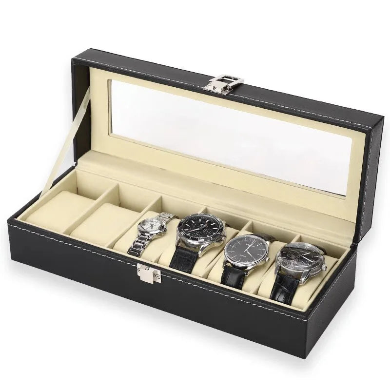Boîte à Montres Organiseur 6 montres - Grand Verre - Coussins Amovibles - Cuir - Cadeau Luxe