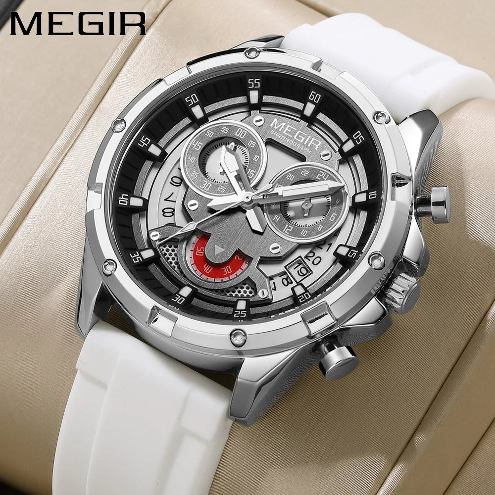 MEGIR - Montre Homme Quartz Étanche Luxe Lumineux Date Chronographe Silicone Hommes Montre-bracelet Militaire Sports