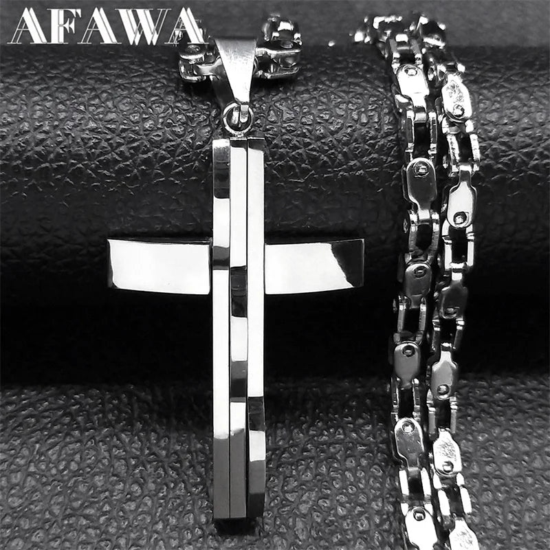 Collier Pendentif Croix Hip-Hop Acier Inoxydable - Bijou Homme Argenté