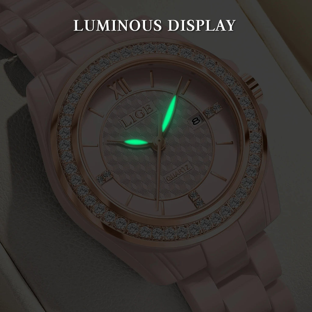 Montre Femme LIGE 2026 Rose – Quartz Céramique Élégante, Calendrier & Étanche 3 ATM
