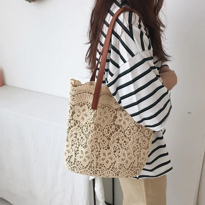 Sac à Main Femme Bandoulière Toile Coton - Cabas Vintage Ajouré Style Bohème