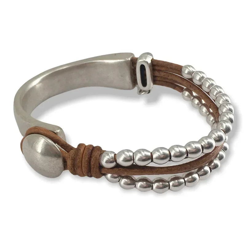 Bracelet Bohème Chic Hippie Double Cuir Tressé Perles Unisexe