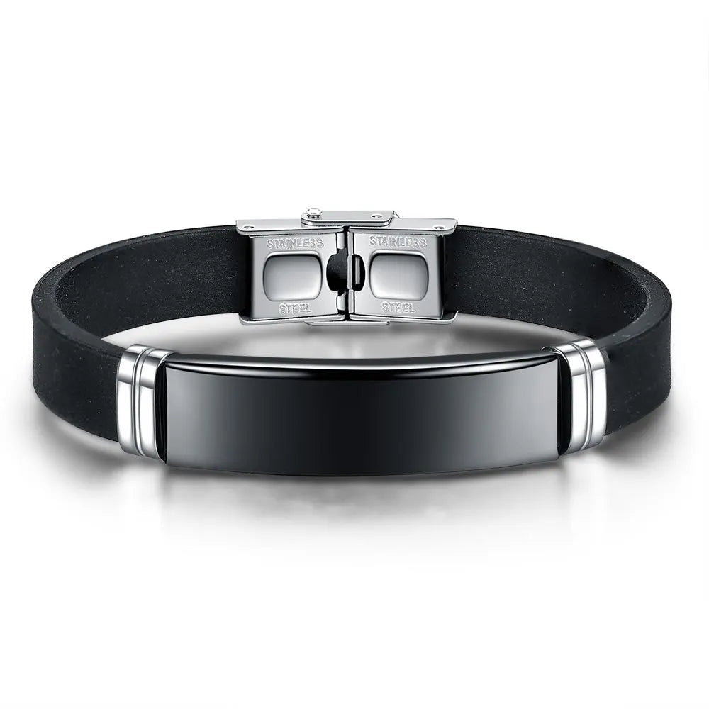 Bracelet Homme Silicone Noir Acier Inoxydable - ID Classique 22cm