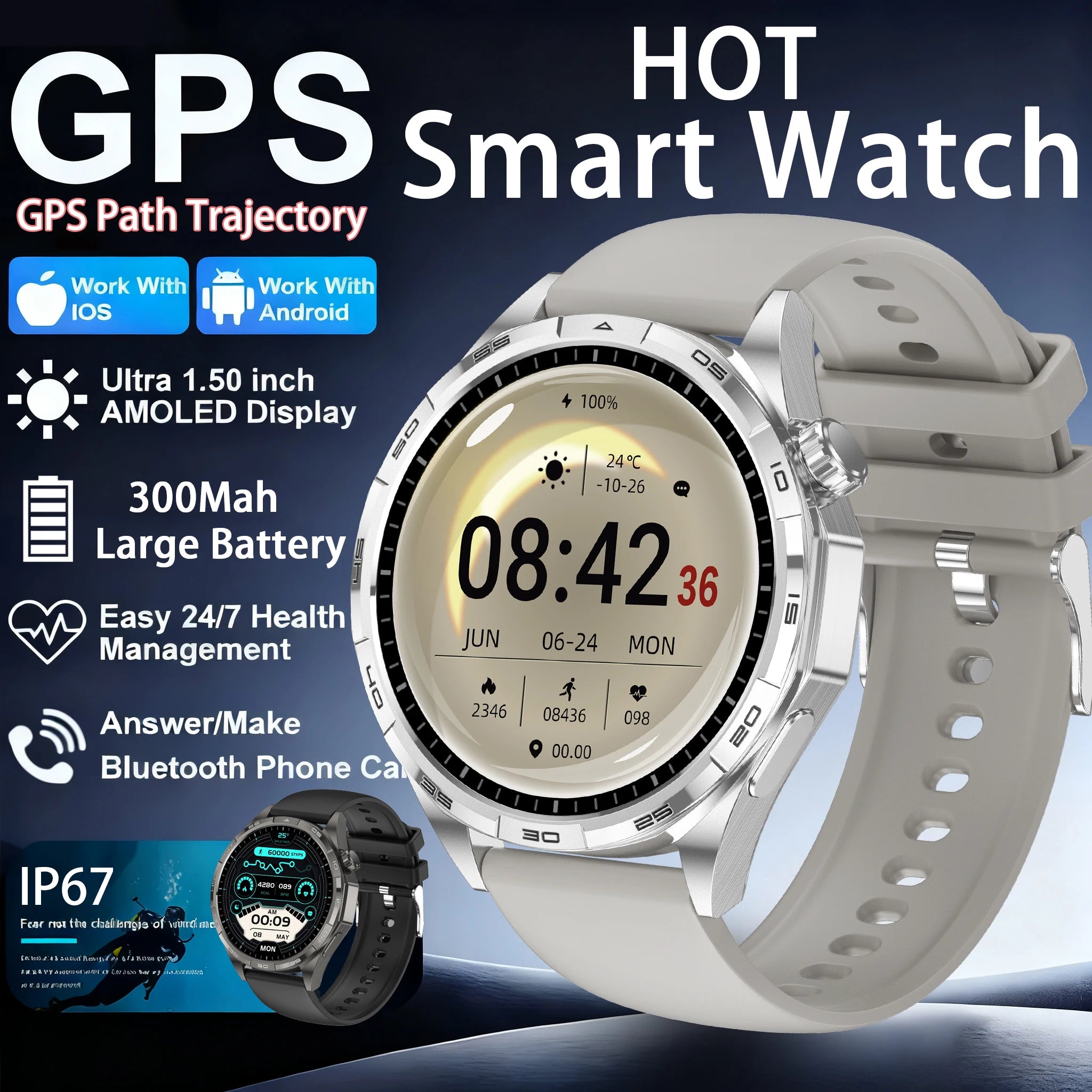 Montre Connectée Sport 2026 AMOLED NFC - Always Display, Appels Bluetooth, GPS, IP67, 30 Jours Autonomie