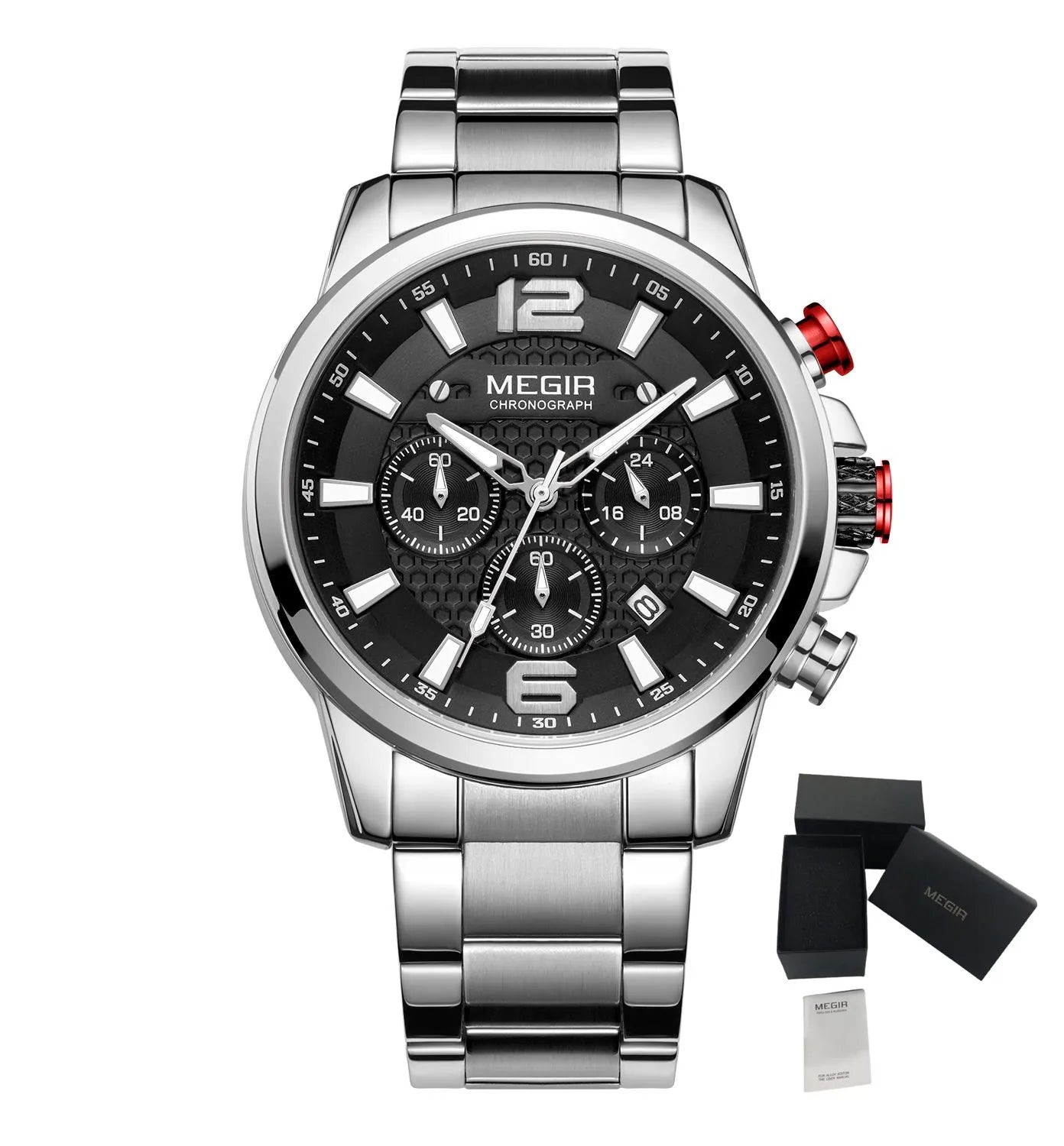MEGIR - Montre Homme 2156 Luxe Affaires Mode Quartz Chronographe Lumineux Étanche Calendrier Acier Inoxydable