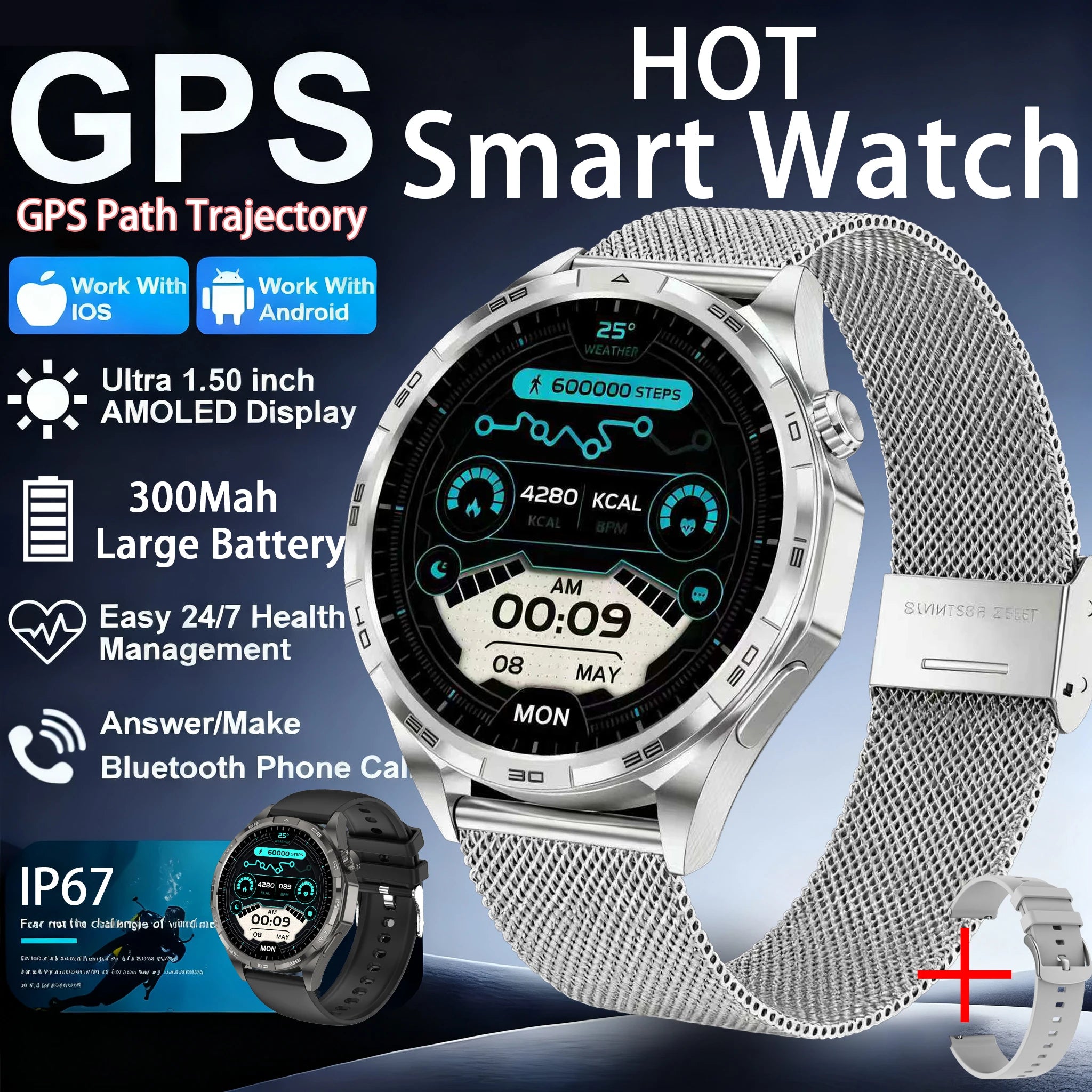 Montre Connectée Sport 2026 AMOLED NFC - Always Display, Appels Bluetooth, GPS, IP67, 30 Jours Autonomie