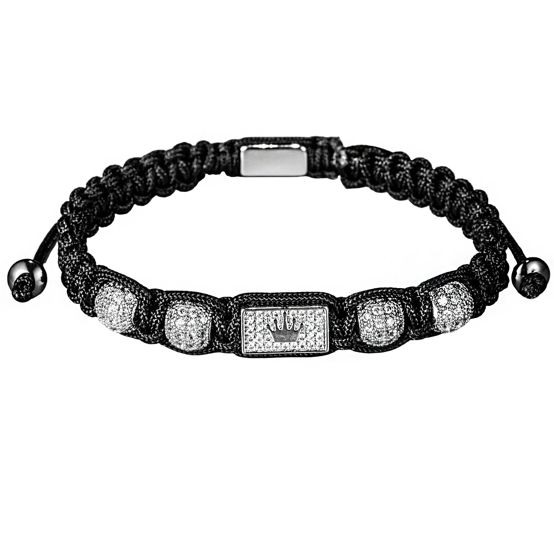 Bracelet Tressé Noir Ajustable Homme Design Couronne Zircones - Hip-Hop