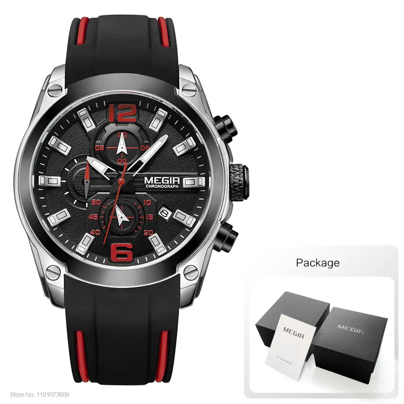 MEGIR - Montre Homme Chronographe Sport - Bracelet Silicone - Date - Lumineux - Étanche 3 ATM
