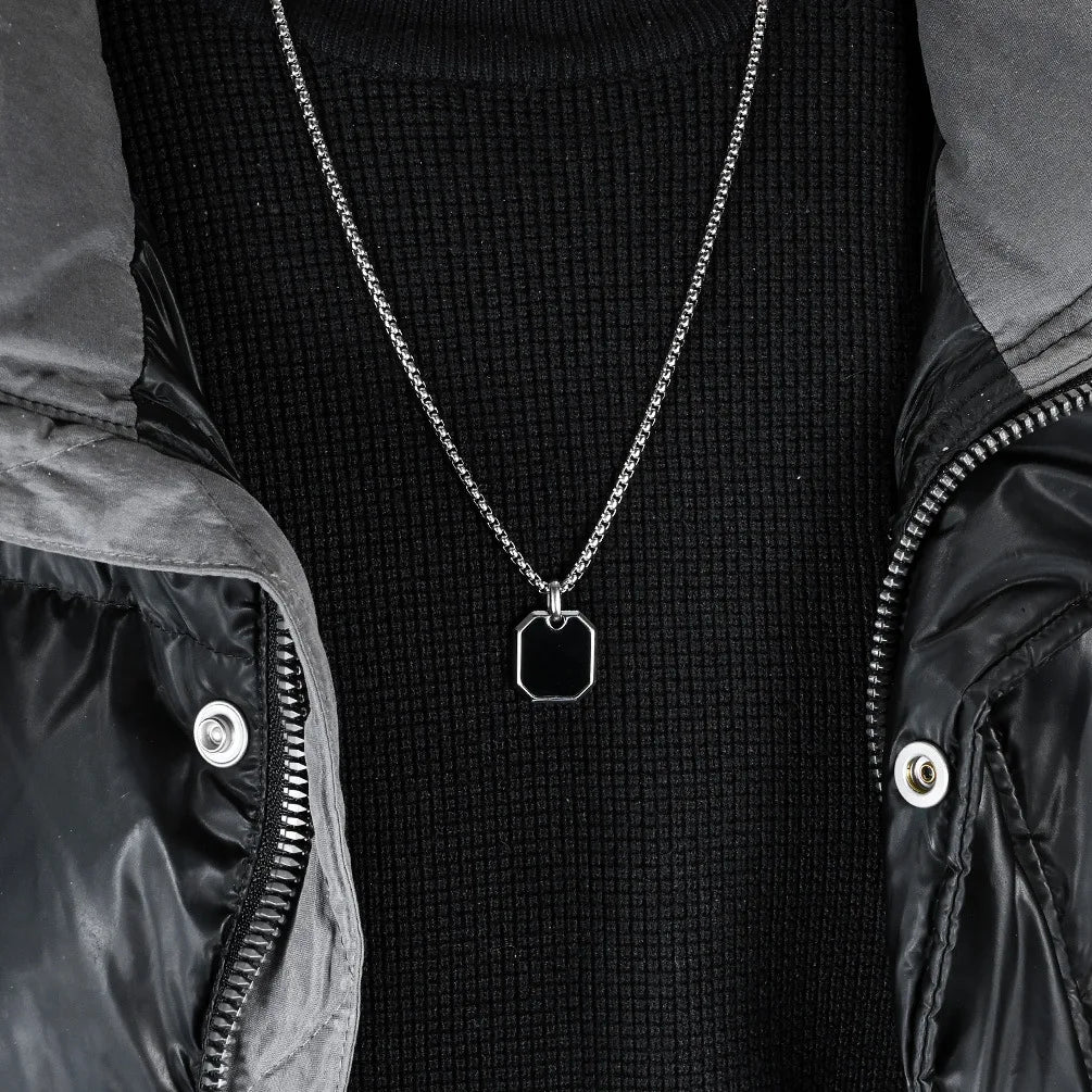 Collier Pendentif Carré Noir Unisexe - Acier Inoxydable Classique Homme Femme