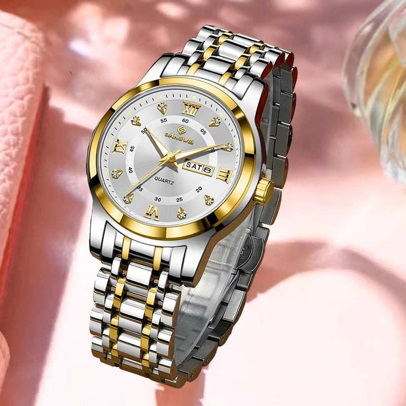 Montre Femme LIGE 2026 Diamant - Acier Inoxydable, Bracelet Créatif, Étanche 3 ATM, Calendrier Lumineux