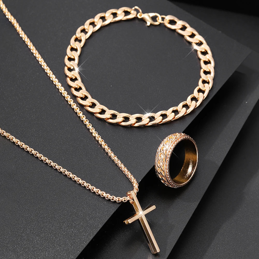 Ensemble Bijoux Homme 3 Pièces Alliage - Collier Pendentif Croix, Bracelet & Bague