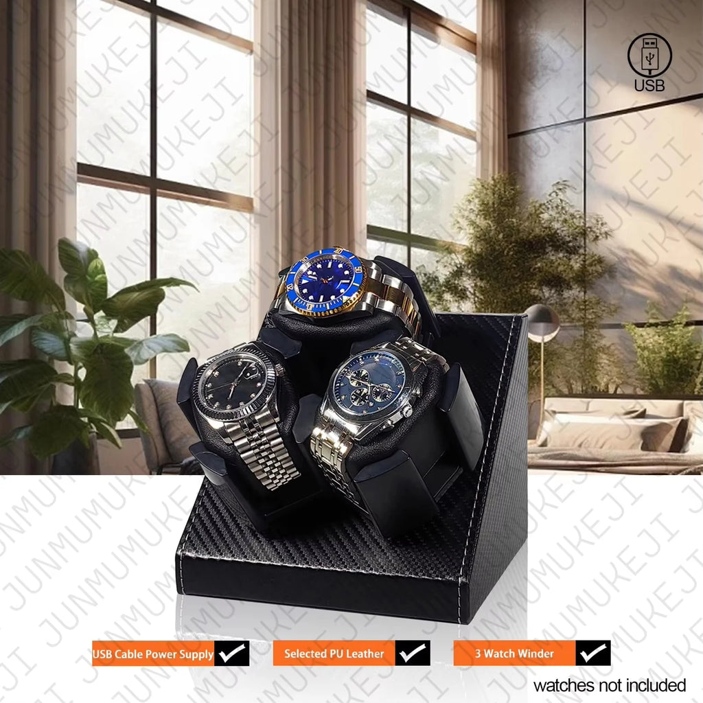 Remontoir Montres Automatique 3 Montres - Cuir PU - Affichage Rotatif - Alimentation USB 5V - Silencieux