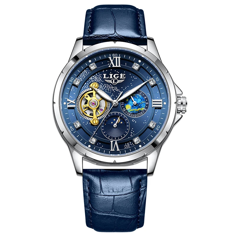Montre Automatique Homme LIGE 2026 - Mécanique Phase de Lune Bracelet Cuir