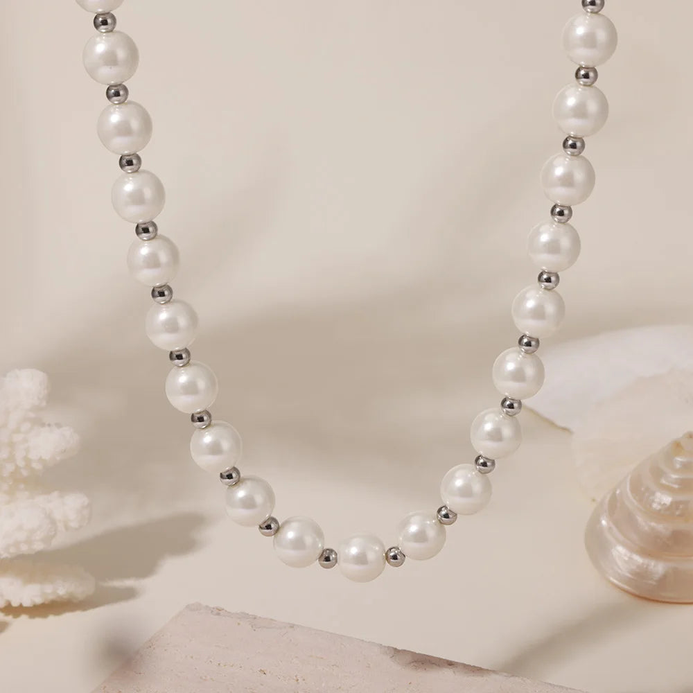 Collier Femme Chaîne Clavicule Inaltérable - Perles Coquillage Blanc 12mm Acier Inoxydable