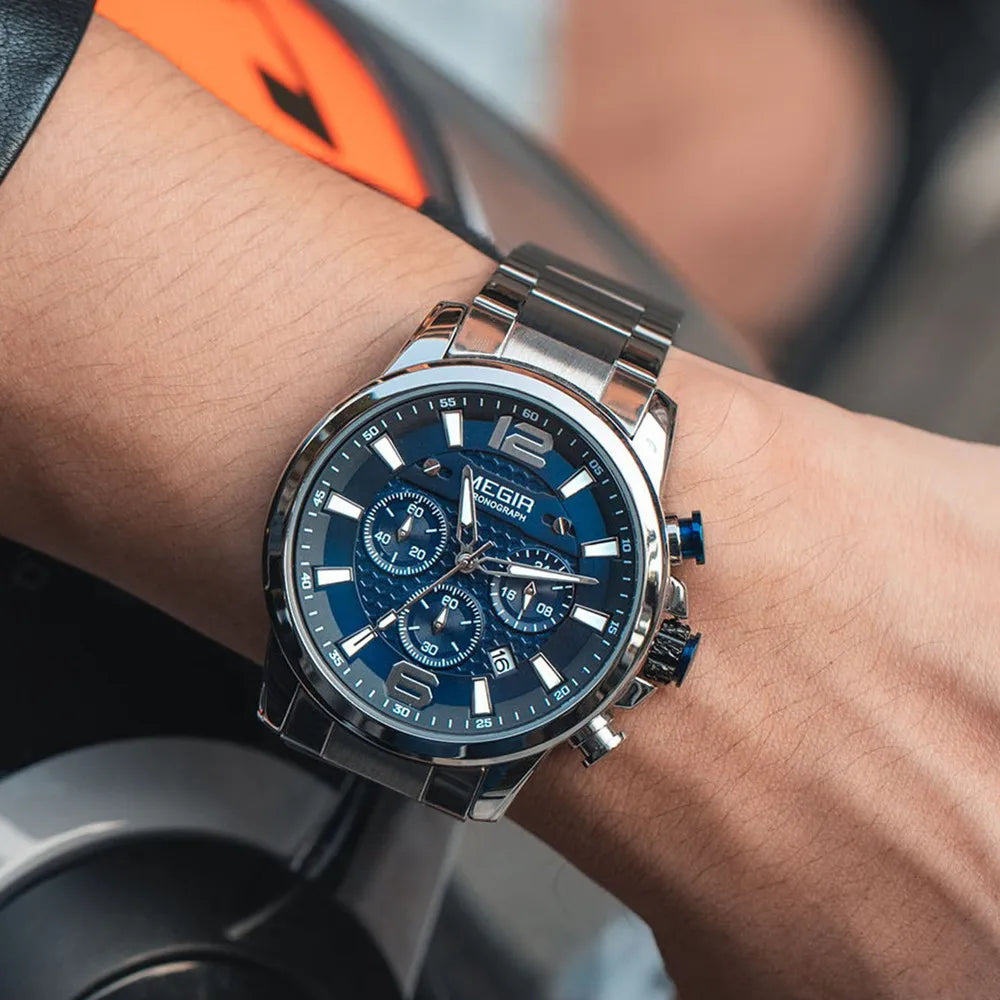 MEGIR - Montre Homme 2156 Luxe Affaires Mode Quartz Chronographe Lumineux Étanche Calendrier Acier Inoxydable