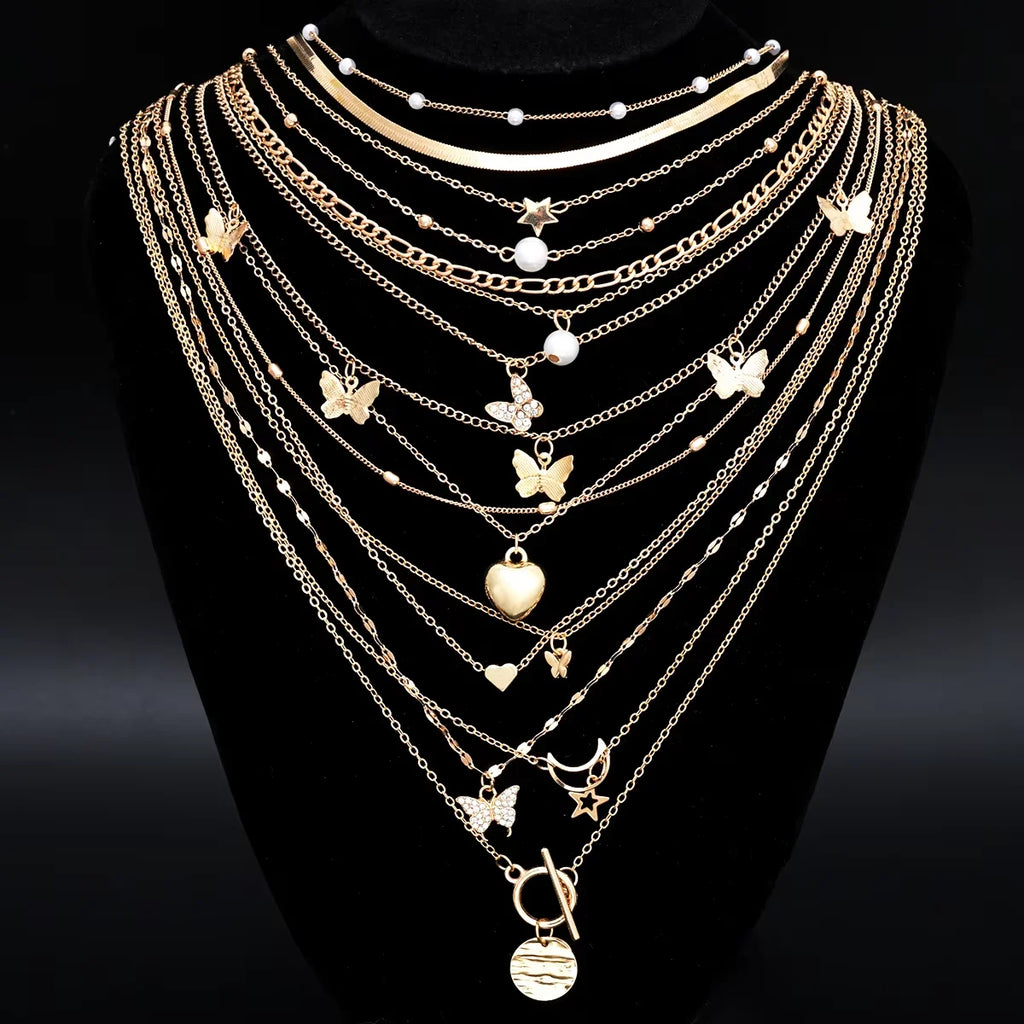 Ensemble 10 Colliers Pendentifs Empilables Femme - Cœur Multi-Rangs Tendance