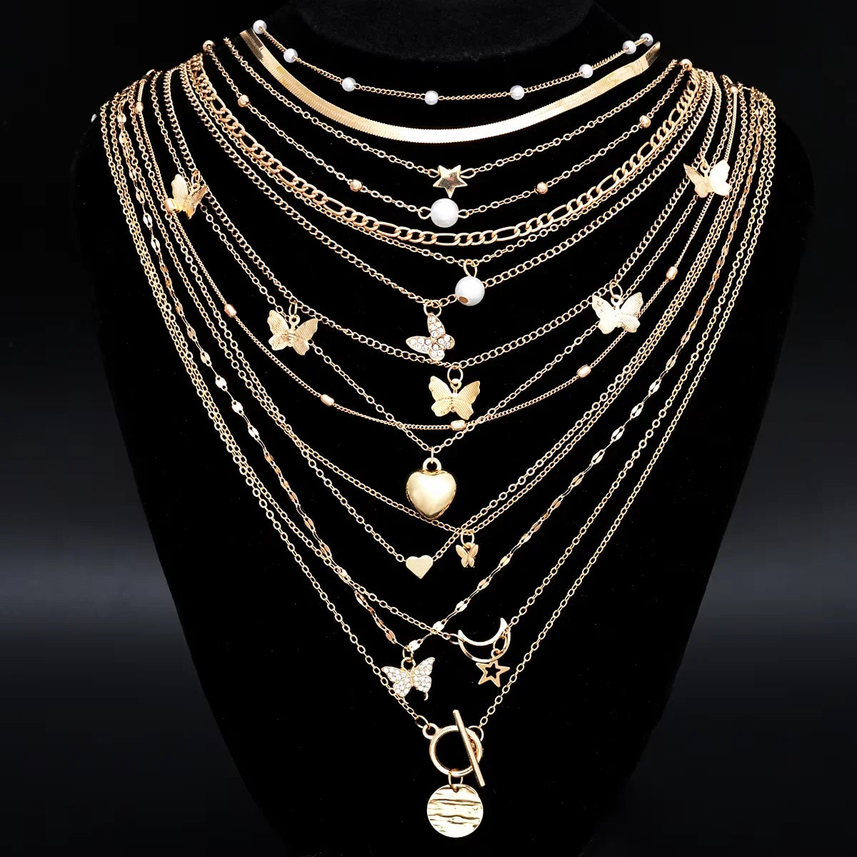 Ensemble 10 Colliers Pendentifs Empilables Femme - Cœur Multi-Rangs Tendance