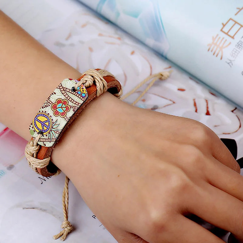 Bracelet Hippie Rétro Cuir Ajustable Motif Floral Femme - Fait Main