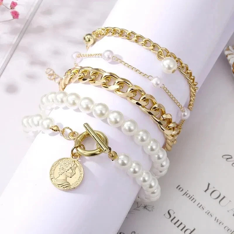 Bracelets Femmes Bohème Dorés Perles Pièces - Ensemble Bijoux Femme Vintage