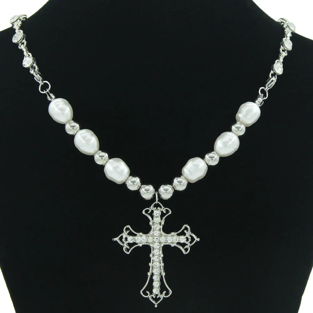 Collier Perles Imitation Pendentif Croix Cristal - Bijou Femme Élégant