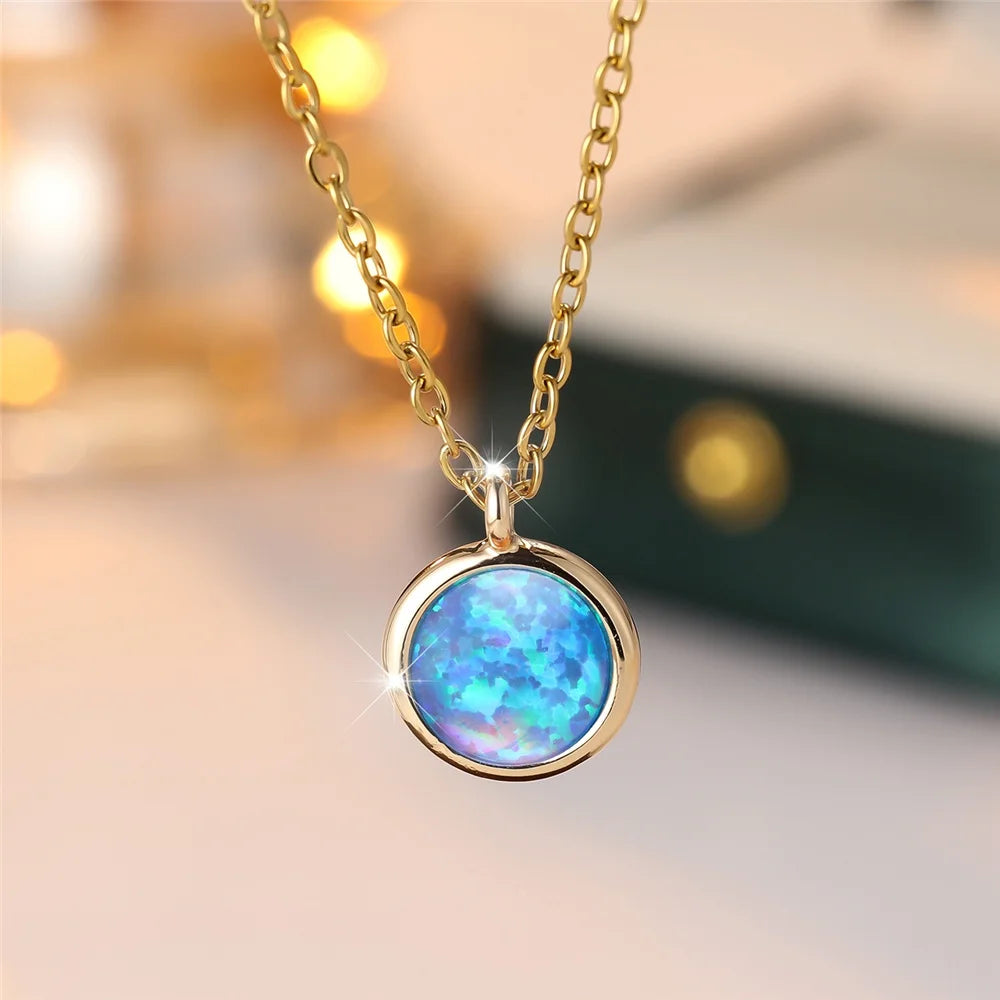 Collier de Luxe Pendentif Rond Pierre d'Opale Bleue Blanche - Vintage Couleur Or Mariage