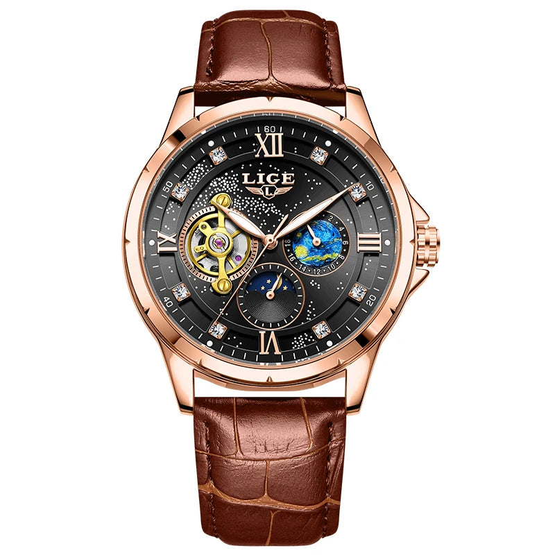 Montre Automatique Homme LIGE 2026 - Mécanique Phase de Lune Bracelet Cuir