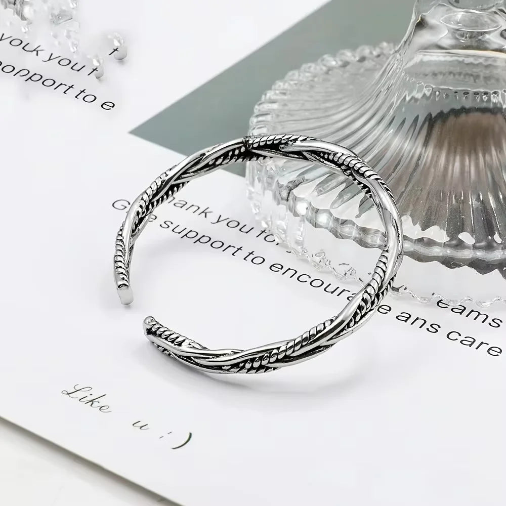 Bracelet Manchette Antique Argenté Torsadé Ajustable Unisexe